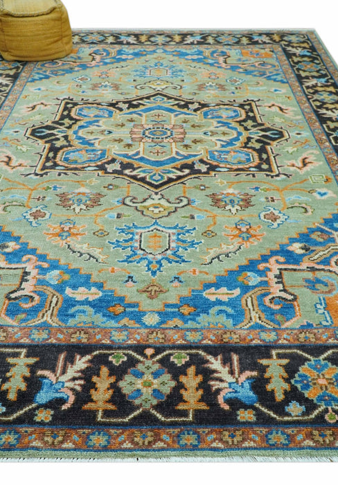 Custom Made Green And Blue Traditional Heriz Hand Knotted Wool Rug