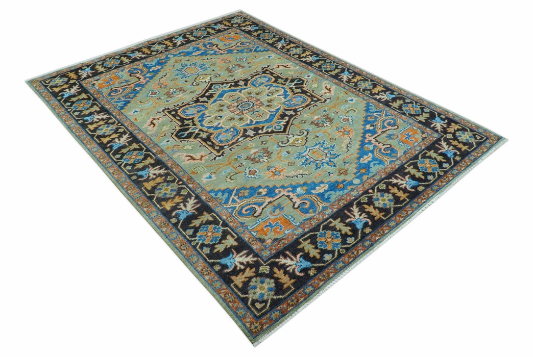 Custom Made Green And Blue Traditional Heriz Hand Knotted Wool Rug