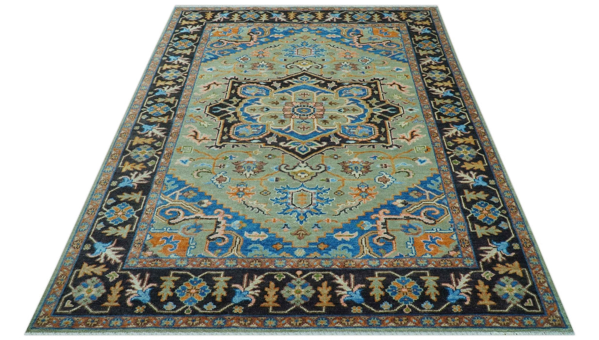 Custom Made Green And Blue Traditional Heriz Hand Knotted Wool Rug