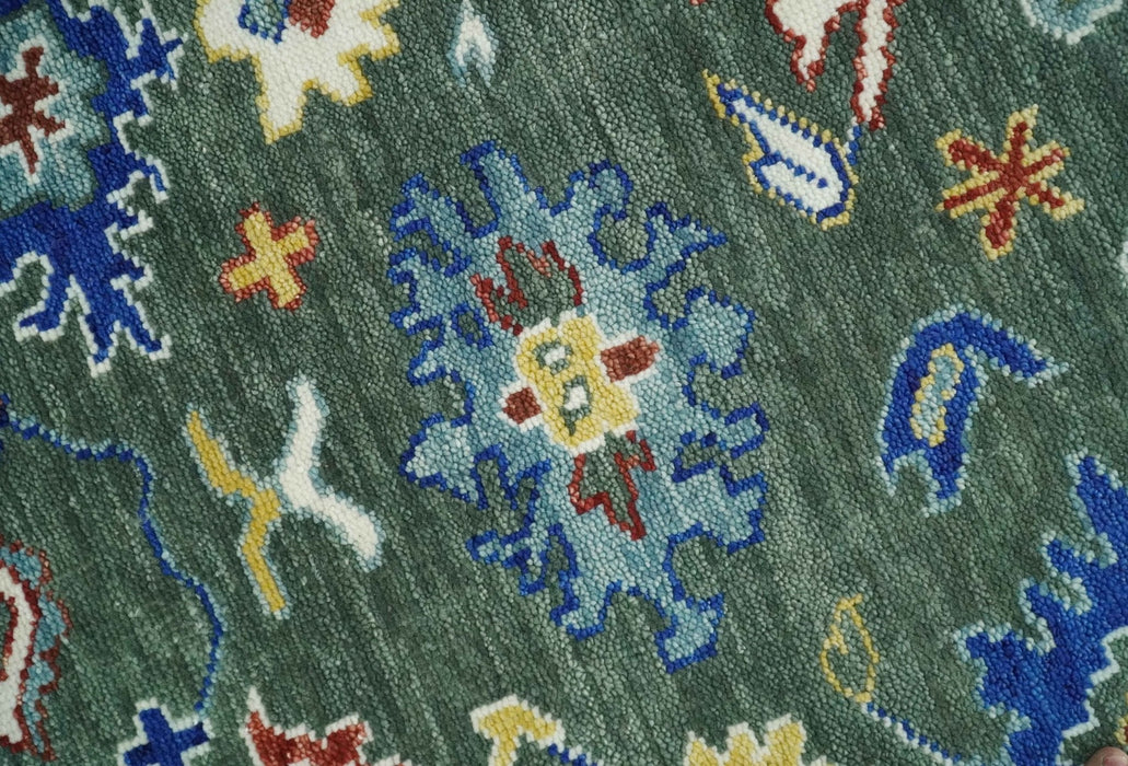 Custom Made Green and Ivory Colorful Hand knotted Traditional Oushak wool Area Rug