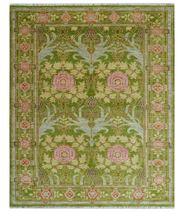 Custom Made Green And Pink Traditional Donegal Design Hand Knotted wool area rug