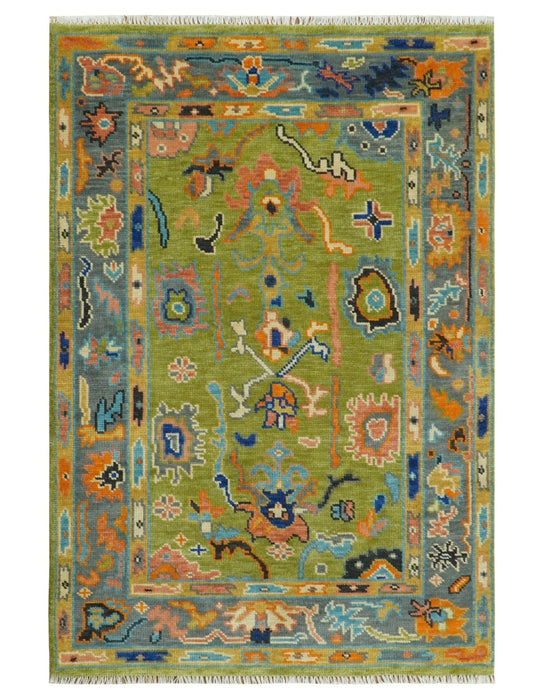 Custom Made Green, Gray and Peach Colorful Hand knotted Traditional Oushak wool Area Rug