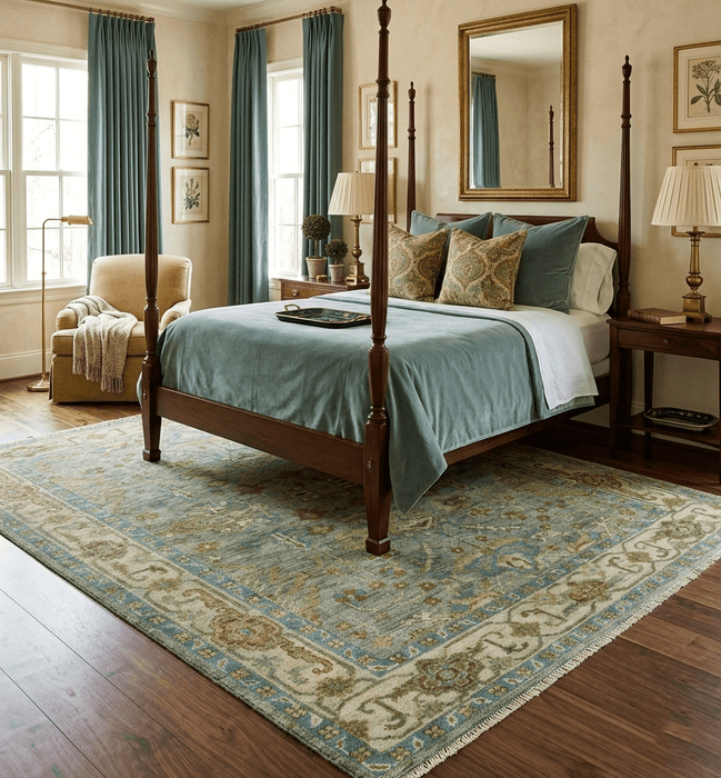Custom Made Green Hand Knotted Antique Design Traditional Oushak wool area rug