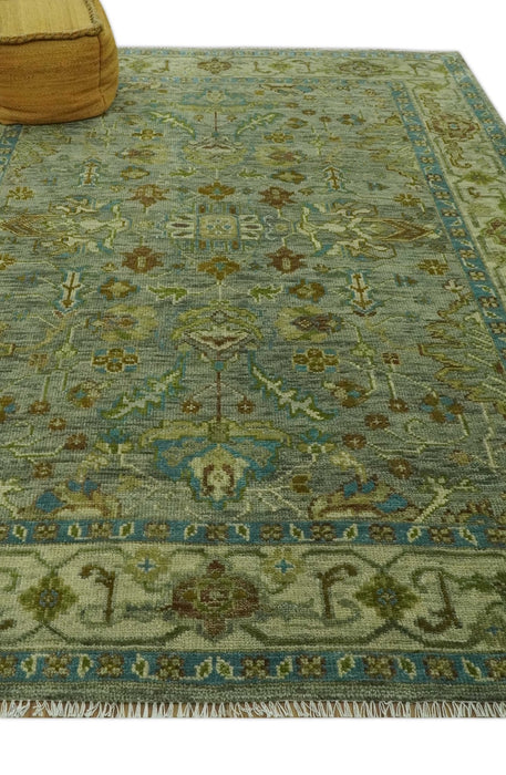 Custom Made Green Hand Knotted Antique Design Traditional Oushak wool area rug