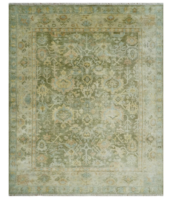 Custom Made Hand Knotted Antique Finish Green, Aqua and Beige Traditional Wool Rug