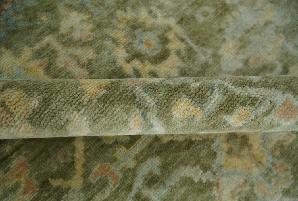 Custom Made Hand Knotted Antique Finish Green, Aqua and Beige Traditional Wool Rug