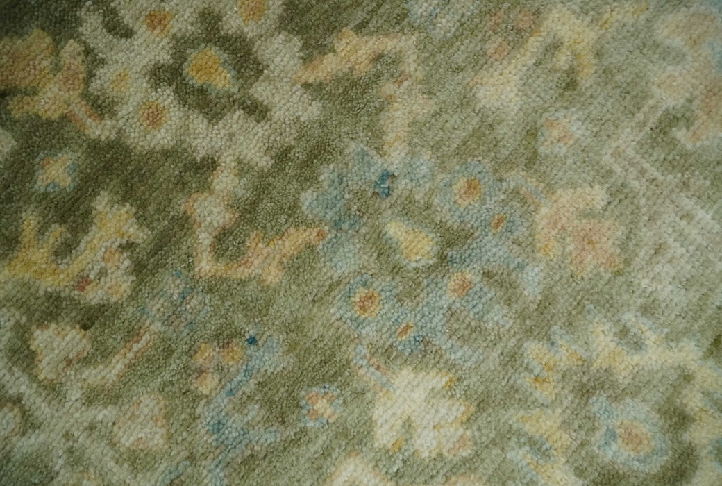 Custom Made Hand Knotted Antique Finish Green, Aqua and Beige Traditional Wool Rug