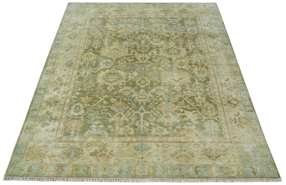 Custom Made Hand Knotted Antique Finish Green, Aqua and Beige Traditional Wool Rug
