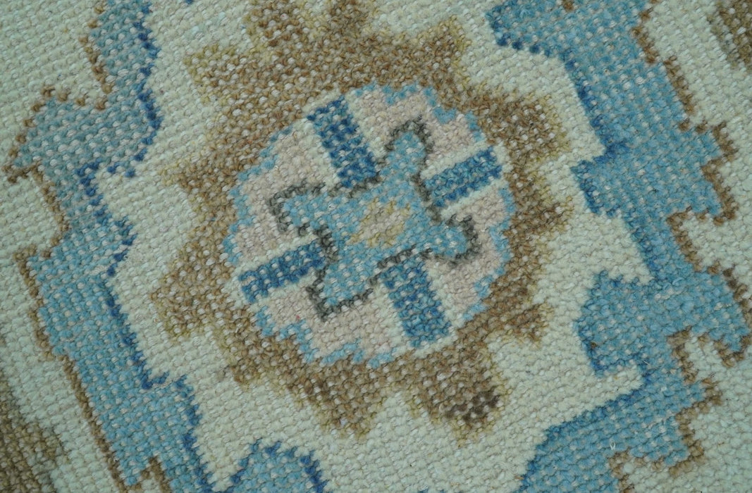 Custom Made Hand Knotted Beige and Blue Traditional Turkish Wool Area Rug