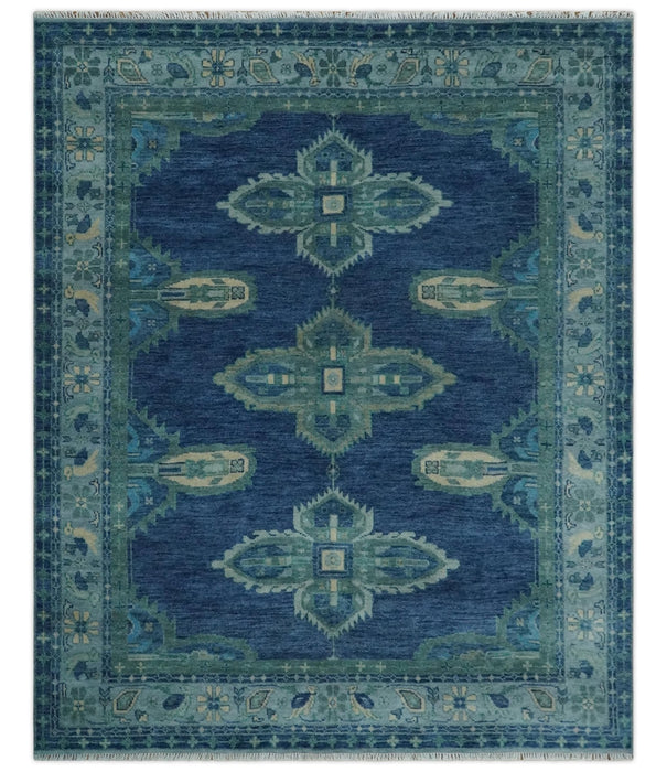 Custom Made Hand Knotted Blue and Silver Traditional Antique Style Wool Rug