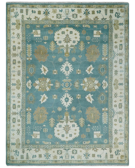 Custom Made Hand Knotted Blue, Ivory and Beige Traditional Oushak Wool Rug