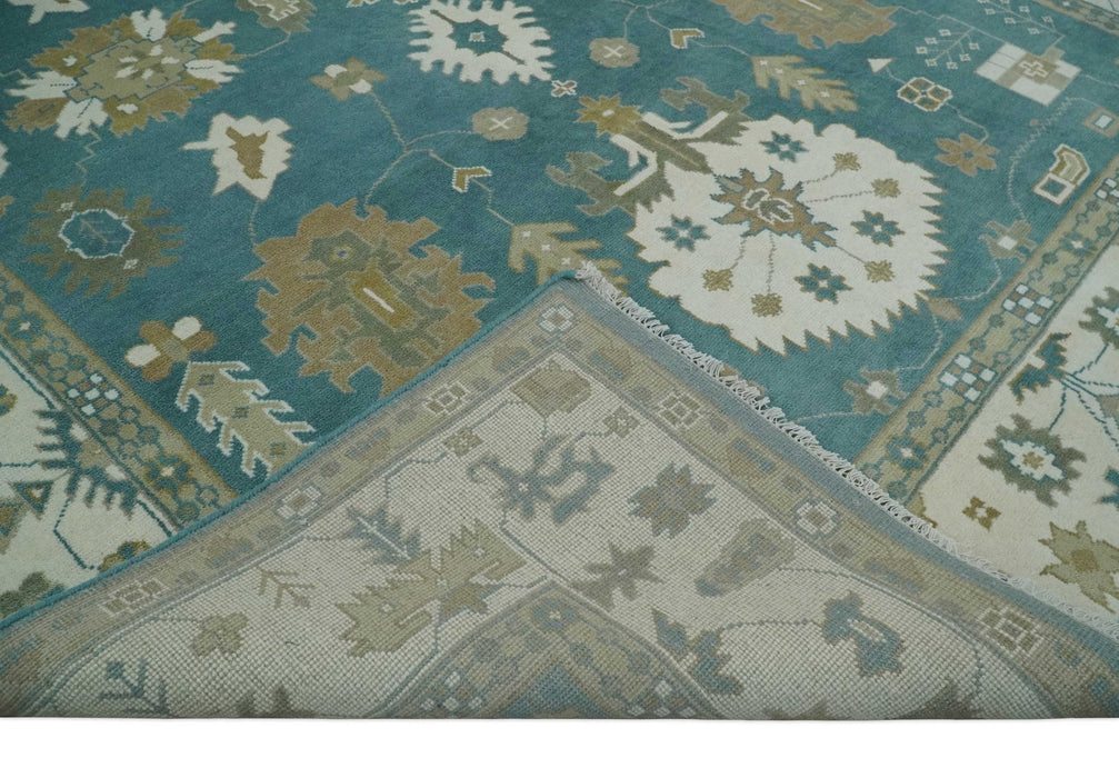 Custom Made Hand Knotted Blue, Ivory and Beige Traditional Oushak Wool Rug