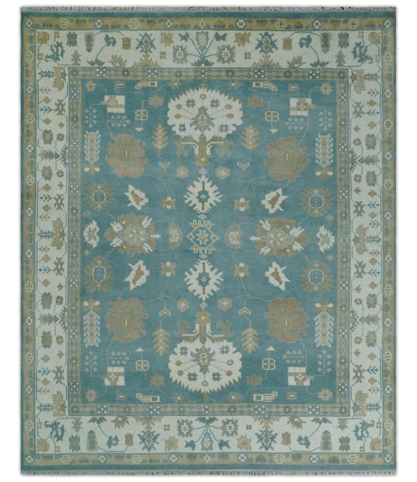Custom Made Hand Knotted Blue, Ivory and Beige Traditional Oushak Wool Rug
