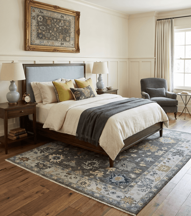 Custom Made Hand Knotted Charcoal and Ivory Traditional Oushak Wool Area Rug