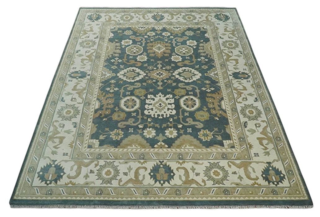 Custom Made Hand Knotted Dark Teal, Ivory and Beige Traditional Multi Size Oushak Wool Rug