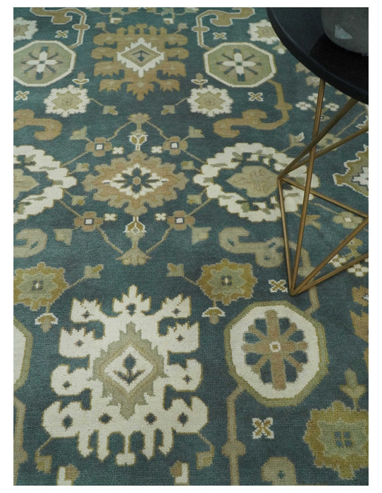 Custom Made Hand Knotted Dark Teal, Ivory and Beige Traditional Multi Size Oushak Wool Rug
