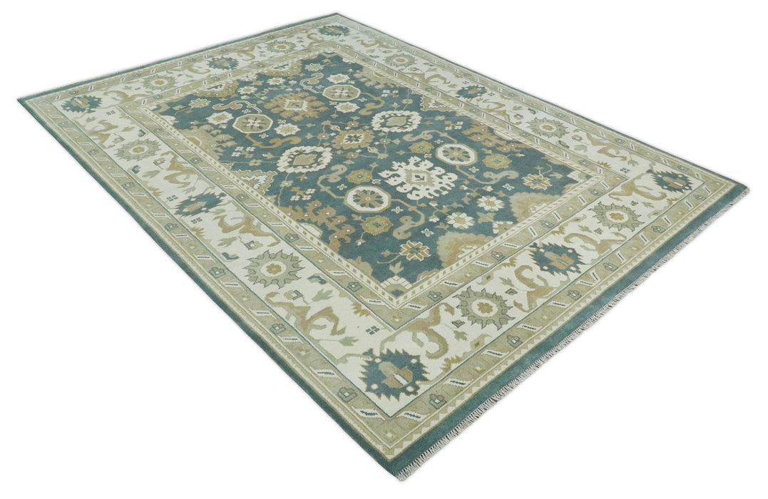 Custom Made Hand Knotted Dark Teal, Ivory and Beige Traditional Multi Size Oushak Wool Rug