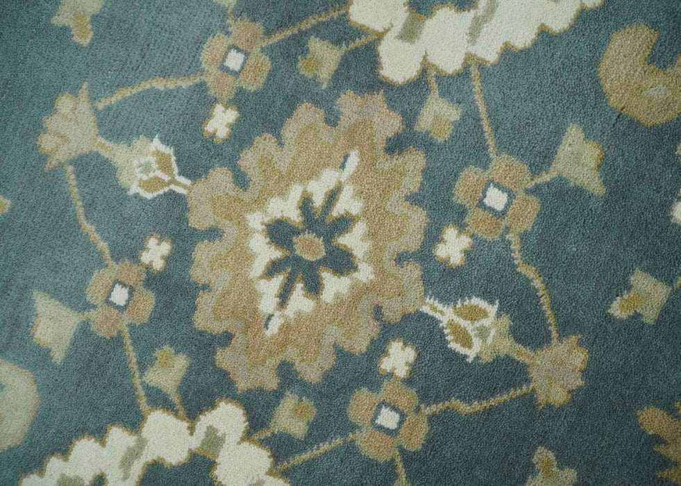 Custom Made Hand Knotted Dark Teal, Ivory and Beige Traditional Multi Size Oushak Wool Rug