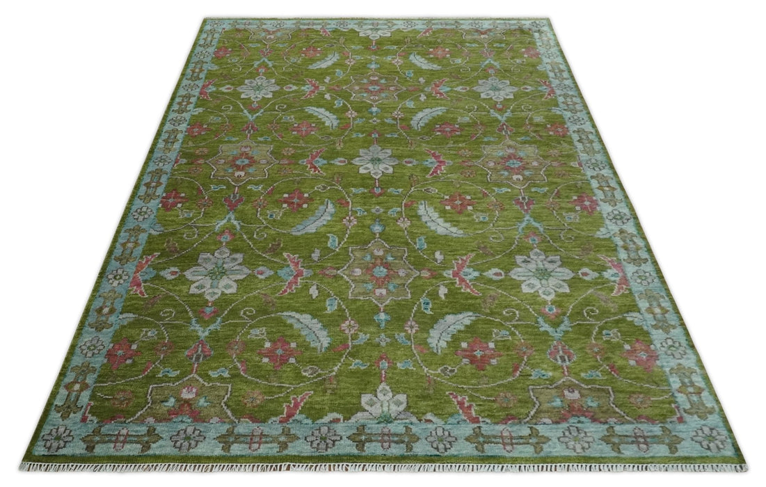 Custom Made Hand Knotted Green, Silver and Maroon Traditional Wool Area Rug