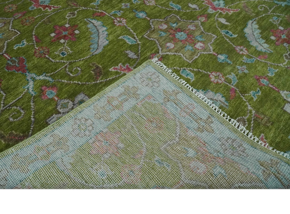 Custom Made Hand Knotted Green, Silver and Maroon Traditional Wool Area Rug