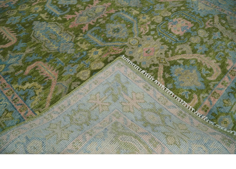Custom Made Hand Knotted Green, Silver and Peach Traditional Oushak Wool Area Rug