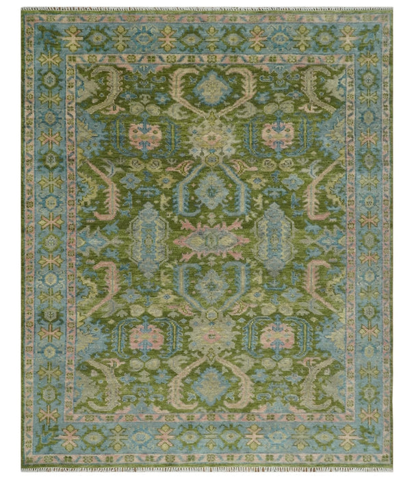 Custom Made Hand Knotted Green, Silver and Peach Traditional Oushak Wool Area Rug