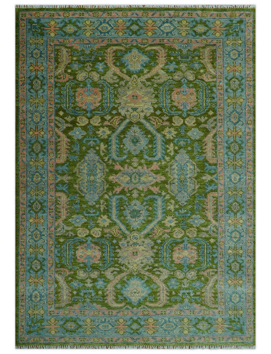 Custom Made Hand Knotted Green, Silver and Peach Traditional Oushak Wool Area Rug