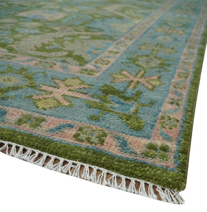 Custom Made Hand Knotted Green, Silver and Peach Traditional Oushak Wool Area Rug