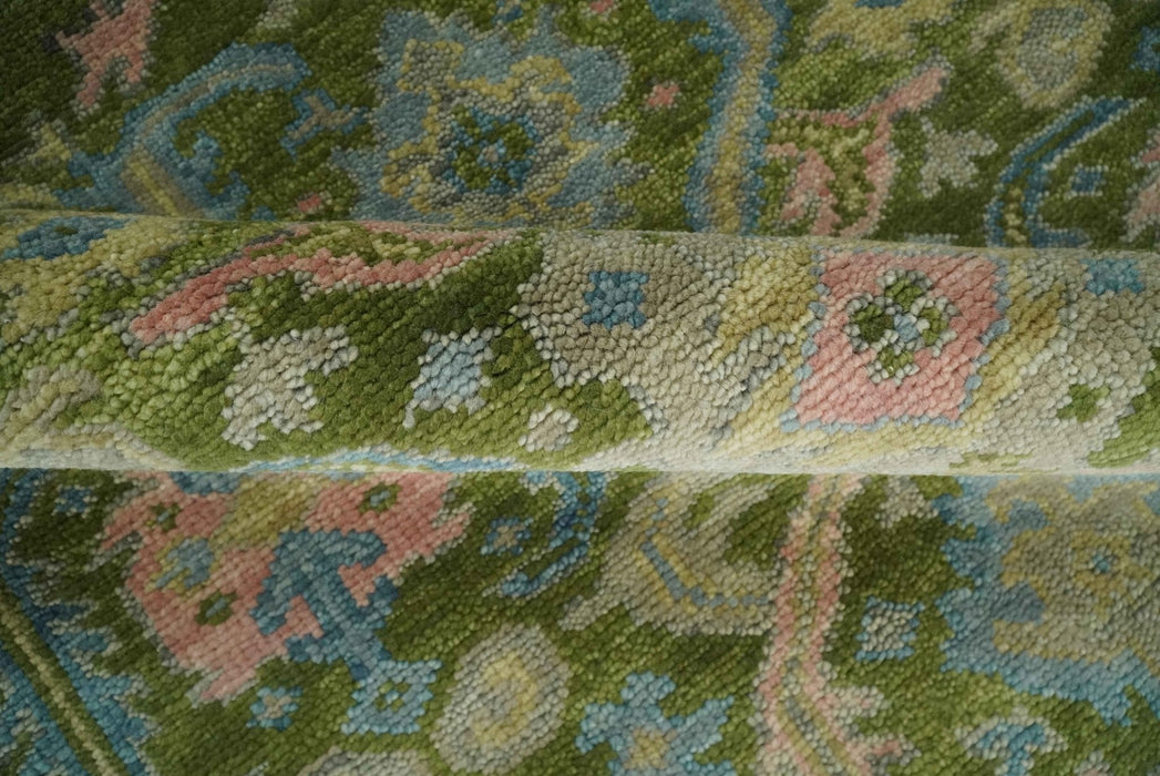 Custom Made Hand Knotted Green, Silver and Peach Traditional Oushak Wool Area Rug