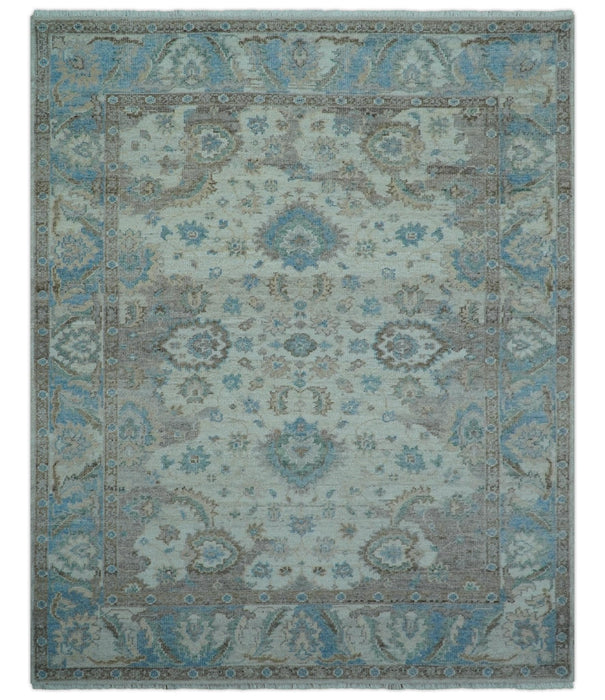 Custom Made Hand Knotted Ivory and Blue Traditional Turkish Afghan Wool Rug