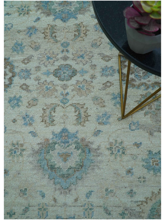 Custom Made Hand Knotted Ivory and Blue Traditional Turkish Afghan Wool Rug