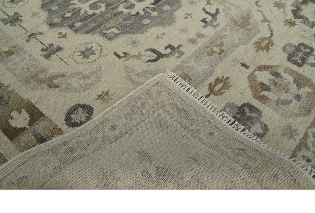 Custom Made Hand Knotted Ivory and Charcoal Medallion Pattern Wool Area Rug