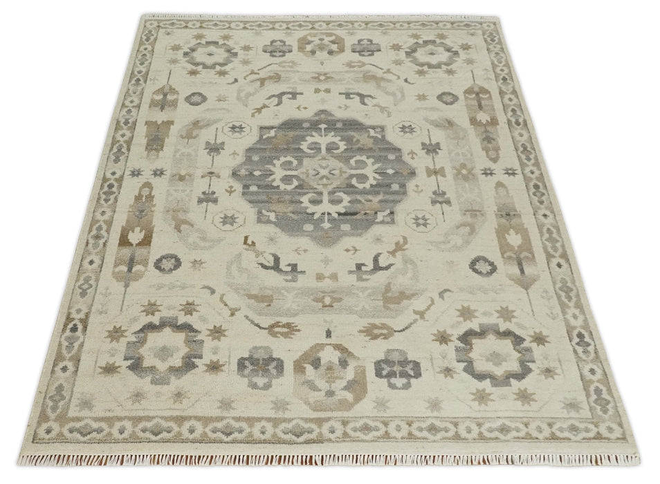 Custom Made Hand Knotted Ivory and Charcoal Medallion Pattern Wool Area Rug