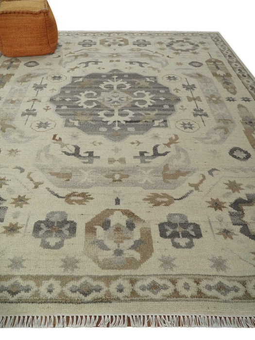 Custom Made Hand Knotted Ivory and Charcoal Medallion Pattern Wool Area Rug