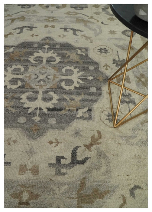 Custom Made Hand Knotted Ivory and Charcoal Medallion Pattern Wool Area Rug