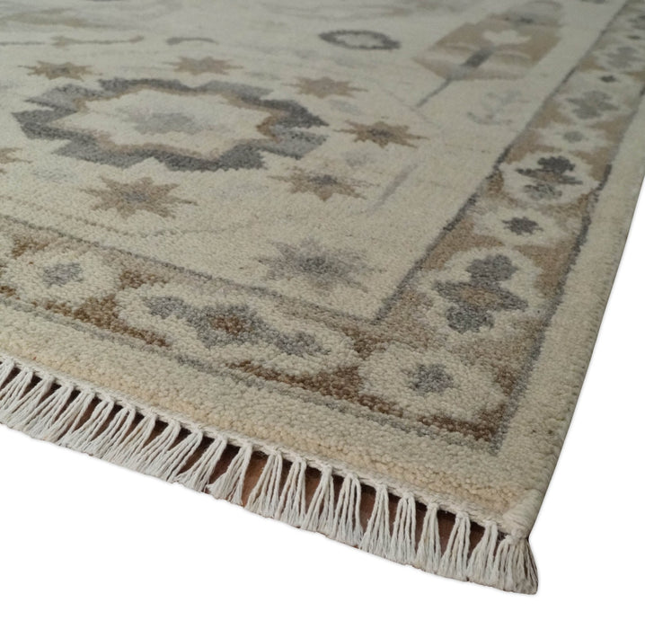 Custom Made Hand Knotted Ivory and Charcoal Medallion Pattern Wool Area Rug