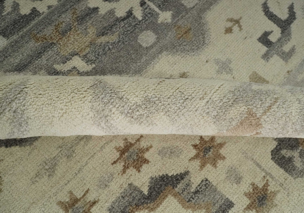 Custom Made Hand Knotted Ivory and Charcoal Medallion Pattern Wool Area Rug
