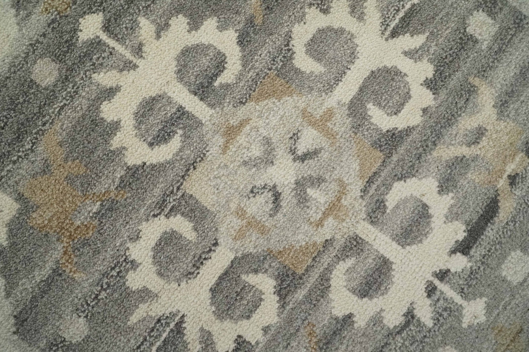 Custom Made Hand Knotted Ivory and Charcoal Medallion Pattern Wool Area Rug