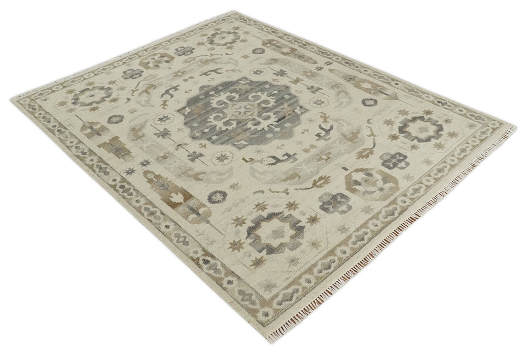 Custom Made Hand Knotted Ivory and Charcoal Medallion Pattern Wool Area Rug