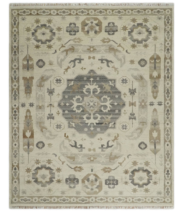 Custom Made Hand Knotted Ivory and Charcoal Medallion Pattern Wool Area Rug