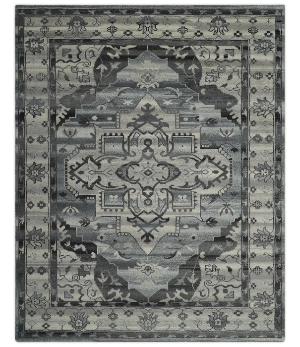 Custom Made Hand Knotted Ivory and Charcoal Traditional Wool Area Rug