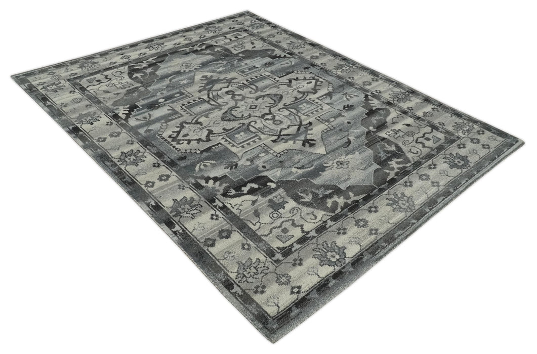 Custom Made Hand Knotted Ivory and Charcoal Traditional Wool Area Rug