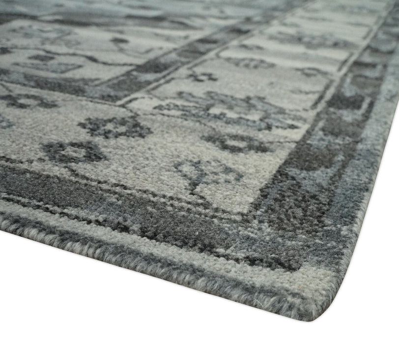 Custom Made Hand Knotted Ivory and Charcoal Traditional Wool Area Rug