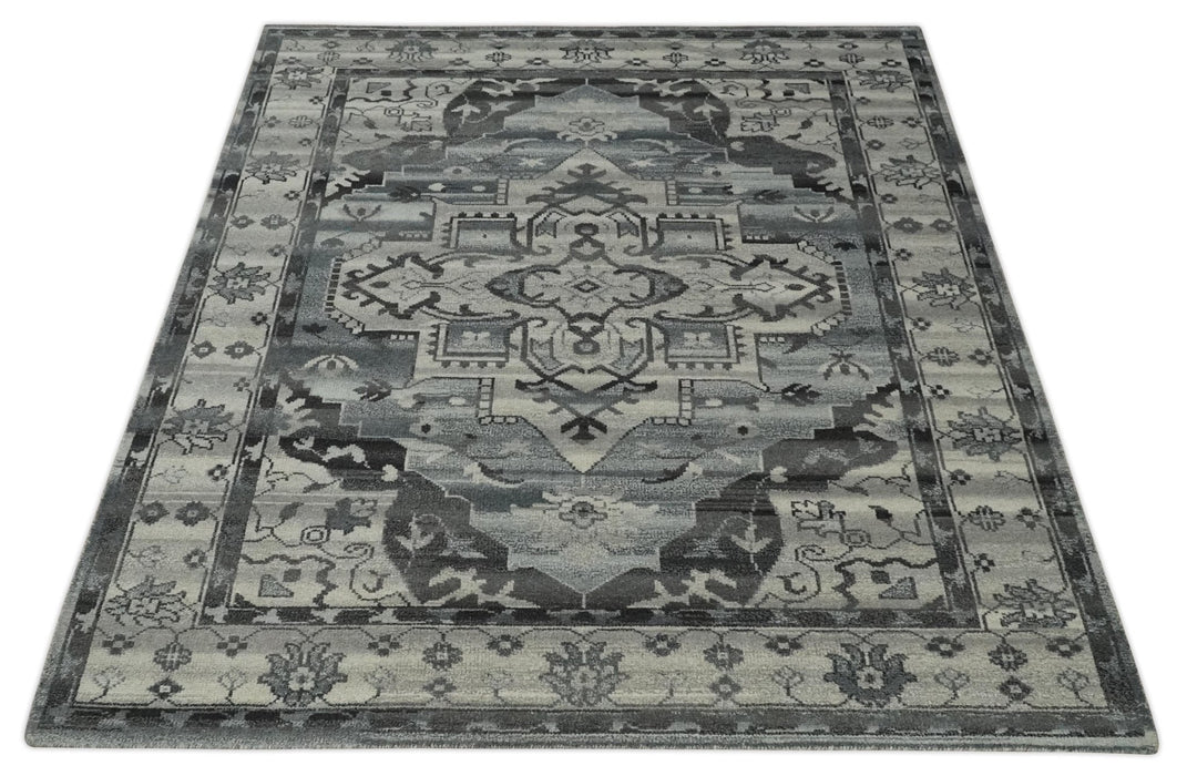 Custom Made Hand Knotted Ivory and Charcoal Traditional Wool Area Rug