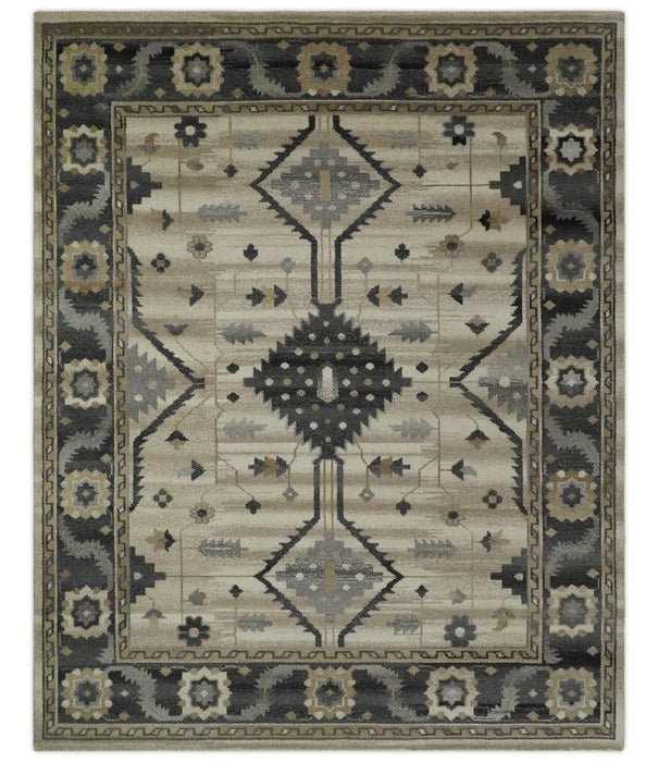Custom Made Hand Knotted Ivory, Charcoal and Beige Traditional Wool Area Rug