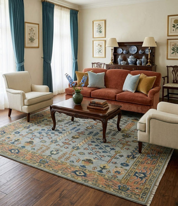 Custom Made Hand Knotted Living Room and Bedroom Rug Rust and Silver Traditional Turkish Style Wool Rug