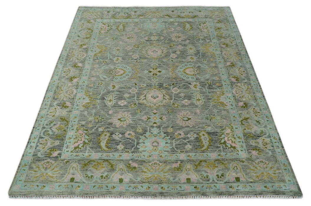 Custom Made Hand Knotted Moss Green Gray and Green Oriental Oushak Multi Size Traditional Wool Area Rug