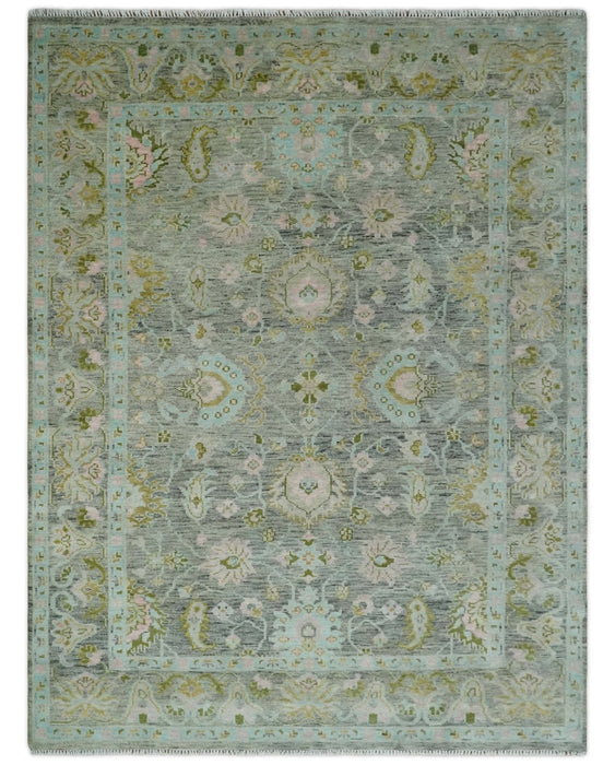 Custom Made Hand Knotted Moss Green Gray and Green Oriental Oushak Multi Size Traditional Wool Area Rug