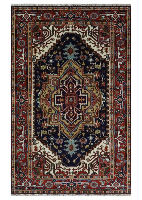 Custom Made Hand Knotted Multi Size Large Olive, Blue, Ivory and Rust Traditional Wool Rug