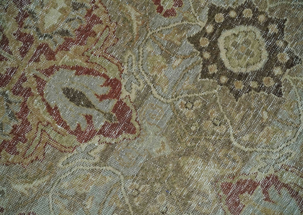 Custom Made Hand Knotted Olive and Rust Distressed Traditional Antique Look Wool Rug